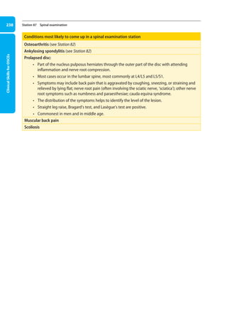 Clinical
Skills
for
OSCEs
238 Station 87 Spinal examination
Conditions most likely to come up in a spinal examination station
Osteoarthritis (see Station 82)
Ankylosing spondylitis (see Station 82)
Prolapsed disc:
• Part of the nucleus pulposus herniates through the outer part of the disc with attending
inflammation and nerve root compression.
• Most cases occur in the lumbar spine, most commonly at L4/L5 and L5/S1.
• Symptoms may include back pain that is aggravated by coughing, sneezing, or straining and
relieved by lying flat; nerve root pain (often involving the sciatic nerve, ‘sciatica’); other nerve
root symptoms such as numbness and paraesthesiae; cauda equina syndrome.
• The distribution of the symptoms helps to identify the level of the lesion.
• Straight leg raise, Bragard’s test, and Lasègue’s test are positive.
• Commonest in men and in middle age.
Muscular back pain
Scoliosis
09-OCSEs-Orthopaedics_5e ccp.indd 238 19/03/2015 07:45
 