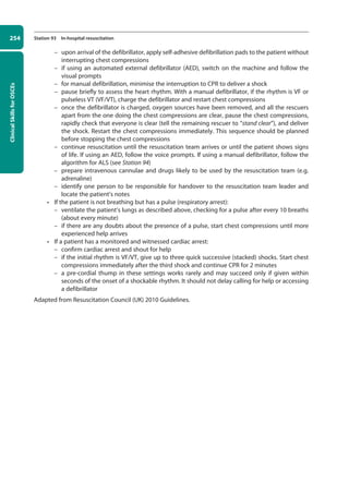 Clinical
Skills
for
OSCEs
254 Station 93 In-hospital resuscitation
–
– upon arrival of the defibrillator, apply self-adhesive defibrillation pads to the patient without
interrupting chest compressions
–
– if using an automated external defibrillator (AED), switch on the machine and follow the
visual prompts
–
– for manual defibrillation, minimise the interruption to CPR to deliver a shock
–
– pause briefly to assess the heart rhythm. With a manual defibrillator, if the rhythm is VF or
pulseless VT (VF/VT), charge the defibrillator and restart chest compressions
–
– once the defibrillator is charged, oxygen sources have been removed, and all the rescuers
apart from the one doing the chest compressions are clear, pause the chest compressions,
rapidly check that everyone is clear (tell the remaining rescuer to “stand clear”), and deliver
the shock. Restart the chest compressions immediately. This sequence should be planned
before stopping the chest compressions
–
– continue resuscitation until the resuscitation team arrives or until the patient shows signs
of life. If using an AED, follow the voice prompts. If using a manual defibrillator, follow the
algorithm for ALS (see Station 94)
–
– prepare intravenous cannulae and drugs likely to be used by the resuscitation team (e.g.
adrenaline)
–
– identify one person to be responsible for handover to the resuscitation team leader and
locate the patient’s notes
• If the patient is not breathing but has a pulse (respiratory arrest):
–
– ventilate the patient’s lungs as described above, checking for a pulse after every 10 breaths
(about every minute)
–
– if there are any doubts about the presence of a pulse, start chest compressions until more
experienced help arrives
• If a patient has a monitored and witnessed cardiac arrest:
–
– confirm cardiac arrest and shout for help
–
– if the initial rhythm is VF/VT, give up to three quick successive (stacked) shocks. Start chest
compressions immediately after the third shock and continue CPR for 2 minutes
–
– a pre-cordial thump in these settings works rarely and may succeed only if given within
seconds of the onset of a shockable rhythm. It should not delay calling for help or accessing
a defibrillator
Adapted from Resuscitation Council (UK) 2010 Guidelines.
10-OCSEs-Emergency_Medicine_5e ccp.indd 254 19/03/2015 13:32
 