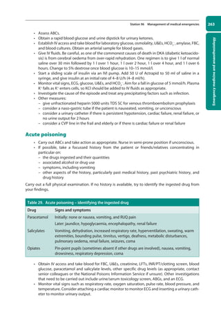 Emergency
medicine
and
anaesthesiology
263
Station 96 Management of medical emergencies
• Assess ABCs.
• Obtain a rapid blood glucose and urine dipstick for urinary ketones.
• Establish IV access and take blood for laboratory glucose, osmolality, UEs, HCO3
–
, amylase, FBC,
and blood cultures. Obtain an arterial sample for blood gases.
• Give IV fluids. Be careful, as one of the commonest causes of death in DKA (diabetic ketoacido-
sis) is from cerebral oedema from over-rapid rehydration. One regimen is to give 1 l of normal
saline over 30 min followed by 1 l over 1 hour, 1 l over 2 hour, 1 l over 4 hour, and 1 l over 6
hours. Change to 5% dextrose once blood glucose is 10–15 mmol/l.
• Start a sliding scale of insulin via an IVI pump. Add 50 U of Actrapid to 50 ml of saline in a
syringe, and give insulin at an initial rate of 4–8 U/h (4–8 ml/h).
• Monitor vital signs, ECG, glucose, UEs, and HCO3
–
. Aim for a fall in glucose of 5 mmol/h. Plasma
K+
falls as K+
enters cells, so KCl should be added to IV fluids as appropriate.
• Investigate the cause of the episode and treat any precipitating factors such as infection.
• Other measures:
–
– give unfractionated heparin 5000 units TDS SC for venous thromboembolism prophylaxis
–
– consider a naso-gastric tube if the patient is nauseated, vomiting, or unconscious
–
– consider a urinary catheter if there is persistent hypotension, cardiac failure, renal failure, or
no urine output for 2 hours
–
– consider a CVP line in the frail and elderly or if there is cardiac failure or renal failure
Acute poisoning
• Carry out ABCs and take action as appropriate. Nurse in semi-prone position if unconscious.
• If possible, take a focussed history from the patient or friends/relatives concentrating in
particular on:
–
– the drugs ingested and their quantities
–
– associated alcohol or drug use
–
– symptoms, including vomiting
–
– other aspects of the history, particularly past medical history, past psychiatric history, and
drug history
Carry out a full physical examination. If no history is available, try to identify the ingested drug from
your findings.
Table 29. Acute poisoning – identifying the ingested drug
Drug Signs and symptoms
Paracetamol Initially: none or nausea, vomiting, and RUQ pain
Later: jaundice, hypoglycaemia, encephalopathy, renal failure
Salicylates Vomiting, dehydration, increased respiratory rate, hyperventilation, sweating, warm
extremities, bounding pulse, tinnitus, vertigo, deafness, metabolic disturbances,
pulmonary oedema, renal failure, seizures, coma
Opiates Pin-point pupils (sometimes absent if other drugs are involved), nausea, vomiting,
drowsiness, respiratory depression, coma
• Obtain IV access and take blood for FBC, UEs, creatinine, LFTs, INR/PT/clotting screen, blood
glucose, paracetamol and salicylate levels, other specific drug levels (as appropriate, contact
senior colleagues or the National Poisons Information Service if unsure). Other investigations
that need to be carried out include urine/serum toxicology screen, ABGs, and an ECG.
• Monitor vital signs such as respiratory rate, oxygen saturation, pulse rate, blood pressure, and
temperature. Consider attaching a cardiac monitor to monitor ECG and inserting a urinary cath-
eter to monitor urinary output.
10-OCSEs-Emergency_Medicine_5e ccp.indd 263 19/03/2015 13:32
 