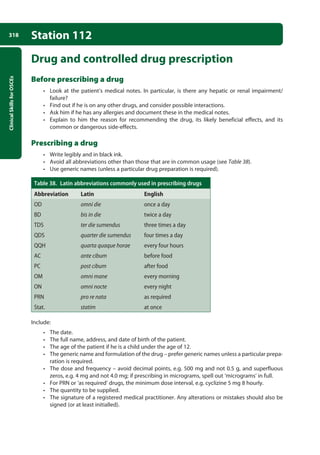 Clinical
Skills
for
OSCEs
318 Station 112
Drug and controlled drug prescription
Before prescribing a drug
• Look at the patient’s medical notes. In particular, is there any hepatic or renal impairment/
failure?
• Find out if he is on any other drugs, and consider possible interactions.
• Ask him if he has any allergies and document these in the medical notes.
• Explain to him the reason for recommending the drug, its likely beneficial effects, and its
common or dangerous side-effects.
Prescribing a drug
• Write legibly and in black ink.
• Avoid all abbreviations other than those that are in common usage (see Table 38).
• Use generic names (unless a particular drug preparation is required).
Table 38. Latin abbreviations commonly used in prescribing drugs
Abbreviation Latin English
OD omni die once a day
BD bis in die twice a day
TDS ter die sumendus three times a day
QDS quarter die sumendus four times a day
QQH quarta quaque horae every four hours
AC ante cibum before food
PC post cibum after food
OM omni mane every morning
ON omni nocte every night
PRN pro re nata as required
Stat. statim at once
Include:
• The date.
• The full name, address, and date of birth of the patient.
• The age of the patient if he is a child under the age of 12.
• The generic name and formulation of the drug – prefer generic names unless a particular prepa-
ration is required.
• The dose and frequency – avoid decimal points, e.g. 500 mg and not 0.5 g, and superfluous
zeros, e.g. 4 mg and not 4.0 mg; if prescribing in micrograms, spell out ‘micrograms’ in full.
• For PRN or ‘as required’ drugs, the minimum dose interval, e.g. cyclizine 5 mg 8 hourly.
• The quantity to be supplied.
• The signature of a registered medical practitioner. Any alterations or mistakes should also be
signed (or at least initialled).
12-OCSEs-Prescribing_Admin_5e ccp.indd 318 19/03/2015 10:37
 