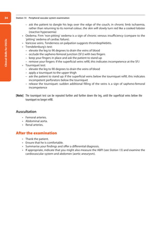 Clinical
Skills
for
OSCEs
34 Station 14 Peripheral vascular system examination
–
– ask the patient to dangle his legs over the edge of the couch; in chronic limb ischaemia,
rather than returning to its normal colour, the skin will slowly turn red like a cooked lobster
(reactive hyperaemia)
• Oedema. Firm ‘non-pitting’ oedema is a sign of chronic venous insufficiency (compare to the
‘pitting’ oedema of cardiac failure).
• Varicose veins. Tenderness on palpation suggests thrombophlebitis.
• Trendelenburg’s test:
–
– elevate the leg to 90 degrees to drain the veins of blood
–
– occlude the sapheno-femoral junction (SFJ) with two fingers
–
– keep your fingers in place and ask the patient to stand up
–
– remove your fingers: if the superficial veins refill, this indicates incompetence at the SFJ
• Tourniquet test:
–
– elevate the leg to 90 degrees to drain the veins of blood
–
– apply a tourniquet to the upper thigh
–
– ask the patient to stand up: if the superficial veins below the tourniquet refill, this indicates
incompetent perforators below the tourniquet
–
– release the tourniquet: sudden additional filling of the veins is a sign of sapheno-femoral
incompetence
[Note] The tourniquet test can be repeated further and further down the leg, until the superficial veins below the
tourniquet no longer refill.
Auscultation
• Femoral arteries.
• Abdominal aorta.
• Renal arteries.
After the examination
• Thank the patient.
• Ensure that he is comfortable.
• Summarise your findings and offer a differential diagnosis.
• If appropriate, indicate that you might also measure the ABPI (see Station 15) and examine the
cardiovascular system and abdomen (aortic aneurysm).
02-OCSEs-Cardio__Resp_Med_5e ccp.indd 34 18/03/2015 13:21
 
