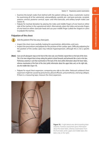 Cardiovascular
and
respiratory
medicine
43
Station 17 Respiratory system examination
• Examine the lymph nodes from behind with the patient sitting up. Have a systematic routine
for examining all of the submental, submandibular, parotid, pre- and post-auricular, occipital,
anterior cervical, posterior cervical, supra- and infra-clavicular, and axillary lymph nodes (see
Station 9).
• Palpate for tracheal deviation by placing the index and middle fingers of one hand on either
side of the trachea in the suprasternal notch. Alternatively, place the index and annular fingers
of one hand on either clavicular head and use your middle finger (called the Vulgaris in Latin)
to palpate the trachea.
Palpation of the chest
Ask the patient if he has any chest pain.
• Inspect the chest more carefully, looking for asymmetries, deformities, and scars.
• Inspect the precordium and palpate for the position of the cardiac apex. Difficulty palpating for
the position of the cardiac apex may indicate hyperexpansion, although this is not a specific
sign.
[Note] Carry out all subsequent steps on the front of the chest and, once finished, repeat them on the back of the chest.
This is far more elegant than to keep asking the patient to bend forwards and backwards like a Jack-in-the-box.
Pulmonary anatomy is such that examination of the back of the chest yields information about the lower lobes,
whereas examination of the front of the chest yields information about the upper lobes and, on the right-side,
also the middle lobe (Figure 10).
• Palpate for equal chest expansion, comparing one side to the other. Reduced unilateral chest
expansion might be caused by pneumonia, pleural effusion, pneumothorax, and lung collapse.
If there is a measuring tape, measure the chest expansion.
Figure 10. A right lateral view demonstrating lobar
anatomy. Posterior assessment gives information
about the lower lobes, whereas examination from
the front looks at the upper and middle lobes (the
latter only on the right).
Upper lobe
Lower lobe
Middle lobe
02-OCSEs-Cardio__Resp_Med_5e ccp.indd 43 18/03/2015 13:21
 