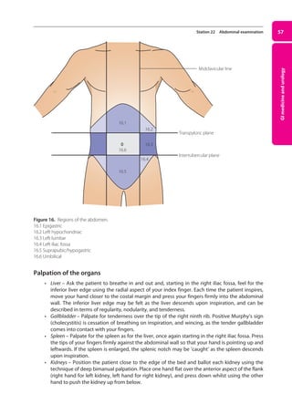 GI
medicine
and
urology
57
Station 22 Abdominal examination
Palpation of the organs
• Liver – Ask the patient to breathe in and out and, starting in the right iliac fossa, feel for the
­
inferior liver edge using the radial aspect of your index finger. Each time the patient inspires,
move your hand closer to the costal margin and press your fingers firmly into the abdominal
wall. The inferior liver edge may be felt as the liver descends upon inspiration, and can be
­
described in terms of regularity, nodularity, and tenderness.
• Gallbladder – Palpate for tenderness over the tip of the right ninth rib. Positive Murphy’s sign
(cholecystitis) is cessation of breathing on inspiration, and wincing, as the tender gallbladder
comes into contact with your fingers.
• Spleen – Palpate for the spleen as for the liver, once again starting in the right iliac fossa. Press
the tips of your fingers firmly against the abdominal wall so that your hand is pointing up and
leftwards. If the spleen is enlarged, the splenic notch may be ‘caught’ as the spleen descends
upon inspiration.
• Kidneys – Position the patient close to the edge of the bed and ballot each kidney using the
technique of deep bimanual palpation. Place one hand flat over the anterior aspect of the flank
(right hand for left kidney, left hand for right kidney), and press down whilst using the other
hand to push the kidney up from below.
Midclavicular line
Transpyloric plane
Intertubercular plane
16.1
16.6
16.5
16.4
16.3
16.2
Figure 16. Regions of the abdomen.
16.1 Epigastric
16.2 Left hypochondriac
16.3 Left lumbar
16.4 Left iliac fossa
16.5 Suprapubic/hypogastric
16.6 Umbilical
03-OCSEs-GI_Medicine_and_Urology_5e ccp.indd 57 19/03/2015 12:31
 