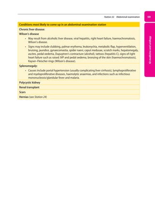 GI
medicine
and
urology
59
Station 22 Abdominal examination
Conditions most likely to come up in an abdominal examination station
Chronic liver disease:
Wilson’s disease
• May result from alcoholic liver disease, viral hepatitis, right heart failure, haemochromatosis,
Wilson’s disease.
• Signs may include clubbing, palmar erythema, leukonychia, metabolic flap, hyperventilation,
bruising, jaundice, gynaecomastia, spider naevi, caput medusae, scratch marks, hepatomegaly,
ascites, pedal oedema, Dupuytren’s contracture (alcohol), tattoos (hepatitis C), signs of right
heart failure such as raised JVP and pedal oedema, bronzing of the skin (haemochromatosis),
Kayser–Fleischer rings (Wilson’s disease).
Splenomegaly:
• Causes include portal hypertension (usually complicating liver cirrhosis), lymphoproliferative
and myeloproliferative diseases, haemolytic anaemias, and infections such as infectious
mononucleosis/glandular fever and malaria.
Polycystic kidney
Renal transplant
Scars
Hernias (see Station 24)
03-OCSEs-GI_Medicine_and_Urology_5e ccp.indd 59 19/03/2015 12:31
 