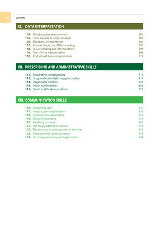 viii Contents
XI. DATA INTERPRETATION
104. Blood glucose measurement 280
105. Urine sample testing/urinalysis 282
106. Blood test interpretation 284
107. Arterial blood gas (ABG) sampling 290
108. ECG recording and interpretation 294
109. Chest X-ray interpretation 306
110. Abdominal X-ray interpretation 311
XII. PRESCRIBING AND ADMINISTRATIVE SKILLS
111. Requesting investigations 315
112. Drug and controlled drug prescription 318
113. Oxygen prescription 323
114. Death confirmation 325
115. Death certificate completion 326
XIII. COMMUNICATION SKILLS
116. Explaining skills 330
117. Imaging tests explanation 333
118. Endoscopies explanation 337
119. Obtaining consent 339
120. Breaking bad news 340
121. The angry patient or relative 341
122. The anxious or upset patient or relative 342
123. Cross-cultural communication 343
124. Discharge planning and negotiation 344
00-OCSEs-Prelims_5e ccp.indd 8 19/03/2015 12:12
 