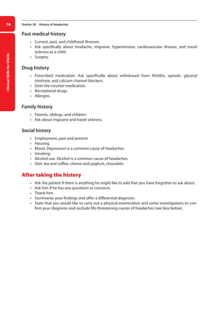 Clinical
Skills
for
OSCEs
76 Station 30 History of headaches
Past medical history
• Current, past, and childhood illnesses.
• Ask specifically about headache, migraine, hypertension, cardiovascular disease, and travel
sickness as a child.
• Surgery.
Drug history
• Prescribed medication. Ask specifically about withdrawal from NSAIDs, opioids, glyceryl
trinitrate, and calcium channel blockers.
• Over-the-counter medication.
• Recreational drugs.
• Allergies.
Family history
• Parents, siblings, and children.
• Ask about migraine and travel sickness.
Social history
• Employment, past and present.
• Housing.
• Mood. Depression is a common cause of headaches.
• Smoking.
• Alcohol use. Alcohol is a common cause of headaches.
• Diet: tea and coffee, cheese and yoghurt, chocolate.
After taking the history
• Ask the patient if there is anything he might like to add that you have forgotten to ask about.
• Ask him if he has any questions or concerns.
• Thank him.
• Summarise your findings and offer a differential diagnosis.
• State that you would like to carry out a physical examination and some investigations to con-
firm your diagnosis and exclude life-threatening causes of headaches (see box below).
04-OCSEs-Neurology_5e ccp.indd 76 19/03/2015 12:34
 