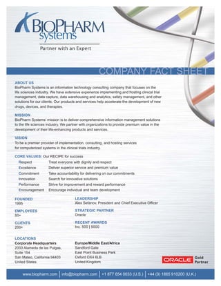 COMPANY FACT SHEET
ABOUT US
BioPharm Systems is an information technology consulting company that focuses on the
life sciences industry. We have extensive experience implementing and hosting clinical trial
management, data capture, data warehousing and analytics, safety management, and other
solutions for our clients. Our products and services help accelerate the development of new
drugs, devices, and therapies.

MISSION
BioPharm Systems’ mission is to deliver comprehensive information management solutions
to the life sciences industry. We partner with organizations to provide premium value in the
development of their life-enhancing products and services.

VISION
To be a premier provider of implementation, consulting, and hosting services
for computerized systems in the clinical trials industry.

CORE VALUES: Our RECIPE for success
  Respect            Treat everyone with dignity and respect
  Excellence         Deliver superior service and premium value
  Commitment         Take accountability for delivering on our commitments
  Innovation         Search for innovative solutions
  Performance        Strive for improvement and reward performance
  Encouragement      Encourage individual and team development

FOUNDED                               LEADERSHIP
1995                                  Alex Sefanov, President and Chief Executive Officer

EMPLOYEES                             STRATEGIC PARTNER
50+                                   Oracle

CLIENTS                               RECENT AWARDS
200+                                  Inc. 500 | 5000


LOCATIONS
Corporate Headquarters                Europe/Middle East/Africa
2000 Alameda de las Pulgas,           Sandford Gate
Suite 154                             East Point Business Park
San Mateo, California 94403           Oxford OX4 6LB
United States                         United Kingdom


    www.biopharm.com          info@biopharm.com        +1 877 654 0033 (U.S.)      +44 (0) 1865 910200 (U.K.)
 