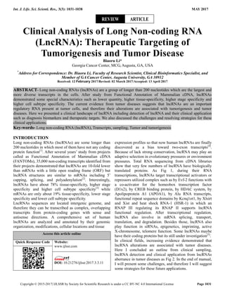 Clinical Analysis of Long Non-coding RNA (LncRNA): Therapeutic ...