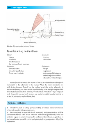 182    The upper limb




Fig. 134◊The supination action of biceps.


Muscles acting on the elbow
Flexors                                         Extensors
◊◊biceps                                        ◊◊triceps
◊◊brachialis                                    ◊◊anconeus
◊◊brachioradialis
◊◊the forearm ﬂexor muscles
Pronators                                       Supinators
◊◊pronator teres                                ◊◊biceps
◊◊pronator quadratus                            ◊◊supinator
◊◊ﬂexor carpi radialis                          ◊◊extensor pollicis longus
                                                ◊◊extensor pollicis brevis
                                                ◊◊abductor pollicis longus

    The supinator action of the biceps is due to its insertion on to the poste-
rior aspect of the tuberosity of the radius. When the biceps contracts, not
only is the forearm ﬂexed, but the radius ‘unwinds’ as its tuberosity is
rotated anteriorly, i.e. the forearm supinates (Fig. 134). Biceps is a powerful
muscle, hence supination is more powerful than pronation— try it on your-
self. Screwdrivers and cork screws are made for right-handed people to
screw in using this supination action.



 Clinical features

1◊◊The elbow joint is safely approached by a vertical posterior incision
which divides the triceps expansion.
2◊◊As the capsule is relatively weak anteriorly and posteriorly it will be
distended at these sites by an effusion, particularly posteriorly, since the
anterior aspect is covered by muscles and dense deep fascia. Aspiration of
such an effusion is readily performed posteriorly on one or other side of the
olecranon.
 