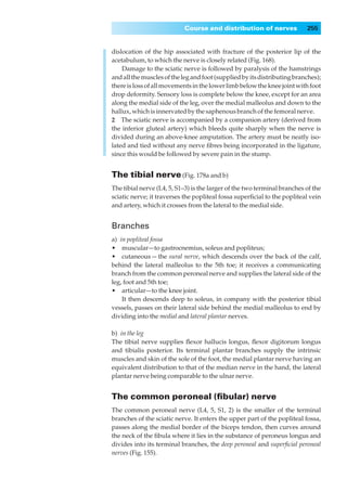Course and distribution of nerves              255


dislocation of the hip associated with fracture of the posterior lip of the
acetabulum, to which the nerve is closely related (Fig. 168).
    Damage to the sciatic nerve is followed by paralysis of the hamstrings
and all the muscles of the leg and foot (supplied by its distributing branches);
there is loss of all movements in the lower limb below the knee joint with foot
drop deformity. Sensory loss is complete below the knee, except for an area
along the medial side of the leg, over the medial malleolus and down to the
hallux, which is innervated by the saphenous branch of the femoral nerve.
2◊◊The sciatic nerve is accompanied by a companion artery (derived from
the inferior gluteal artery) which bleeds quite sharply when the nerve is
divided during an above-knee amputation. The artery must be neatly iso-
lated and tied without any nerve ﬁbres being incorporated in the ligature,
since this would be followed by severe pain in the stump.


The tibial nerve (Fig. 178a and b)
The tibial nerve (L4, 5, S1–3) is the larger of the two terminal branches of the
sciatic nerve; it traverses the popliteal fossa superﬁcial to the popliteal vein
and artery, which it crosses from the lateral to the medial side.


Branches
a) in popliteal fossa
•◊◊muscular—to gastrocnemius, soleus and popliteus;
•◊◊cutaneous — the sural nerve, which descends over the back of the calf,
behind the lateral malleolus to the 5th toe; it receives a communicating
branch from the common peroneal nerve and supplies the lateral side of the
leg, foot and 5th toe;
•◊◊articular—to the knee joint.
    It then descends deep to soleus, in company with the posterior tibial
vessels, passes on their lateral side behind the medial malleolus to end by
dividing into the medial and lateral plantar nerves.

b) in the leg
The tibial nerve supplies ﬂexor hallucis longus, ﬂexor digitorum longus
and tibialis posterior. Its terminal plantar branches supply the intrinsic
muscles and skin of the sole of the foot, the medial plantar nerve having an
equivalent distribution to that of the median nerve in the hand, the lateral
plantar nerve being comparable to the ulnar nerve.


The common peroneal (ﬁbular) nerve
The common peroneal nerve (L4, 5, S1, 2) is the smaller of the terminal
branches of the sciatic nerve. It enters the upper part of the popliteal fossa,
passes along the medial border of the biceps tendon, then curves around
the neck of the ﬁbula where it lies in the substance of peroneus longus and
divides into its terminal branches, the deep peroneal and superﬁcial peroneal
nerves (Fig. 155).
 