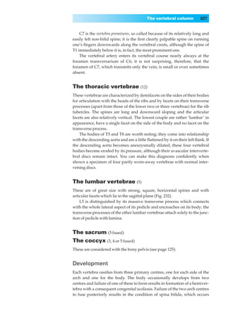 The vertebral column           327


    C7 is the vertebra prominens, so called because of its relatively long and
easily felt non-biﬁd spine; it is the ﬁrst clearly palpable spine on running
one’s ﬁngers downwards along the vertebral crests, although the spine of
T1 immediately below it is, in fact, the most prominent one.
    The vertebral artery enters its vertebral course nearly always at the
foramen transversarium of C6; it is not surprising, therefore, that the
foramen of C7, which transmits only the vein, is small or even sometimes
absent.


The thoracic vertebrae (12)
These vertebrae are characterized by demifacets on the sides of their bodies
for articulation with the heads of the ribs and by facets on their transverse
processes (apart from those of the lower two or three vertebrae) for the rib
tubercles. The spines are long and downward sloping and the articular
facets are also relatively vertical. The lowest couple are rather ‘lumbar’ in
appearance, have a single facet on the side of the body and no facet on the
transverse process.
    The bodies of T5 and T8 are worth noting; they come into relationship
with the descending aorta and are a little ﬂattened by it on their left ﬂank. If
the descending aorta becomes aneurysmally dilated, these four vertebral
bodies become eroded by its pressure, although their avascular interverte-
bral discs remain intact. You can make this diagnosis conﬁdently when
shown a specimen of four partly worn-away vertebrae with normal inter-
vening discs.


The lumbar vertebrae (5)
These are of great size with strong, square, horizontal spines and with
articular facets which lie in the sagittal plane (Fig. 232).
    L5 is distinguished by its massive transverse process which connects
with the whole lateral aspect of its pedicle and encroaches on its body; the
transverse processes of the other lumbar vertebrae attach solely to the junc-
tion of pedicle with lamina.


The sacrum (5 fused)
The coccyx (3, 4 or 5 fused)
These are considered with the bony pelvis (see page 125).


Development
Each vertebra ossiﬁes from three primary centres, one for each side of the
arch and one for the body. The body occasionally develops from two
centres and failure of one of these to form results in formation of a hemiver-
tebra with a consequent congenital scoliosis. Failure of the two arch centres
to fuse posteriorly results in the condition of spina biﬁda, which occurs
 