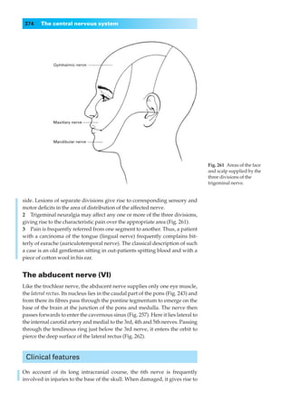 374    The central nervous system




                                                                                     Fig. 261◊Areas of the face
                                                                                     and scalp supplied by the
                                                                                     three divisions of the
                                                                                     trigeminal nerve.


side. Lesions of separate divisions give rise to corresponding sensory and
motor deﬁcits in the area of distribution of the affected nerve.
2◊◊Trigeminal neuralgia may affect any one or more of the three divisions,
giving rise to the characteristic pain over the appropriate area (Fig. 261).
3◊◊Pain is frequently referred from one segment to another. Thus, a patient
with a carcinoma of the tongue (lingual nerve) frequently complains bit-
terly of earache (auriculotemporal nerve). The classical description of such
a case is an old gentleman sitting in out-patients spitting blood and with a
piece of cotton wool in his ear.


The abducent nerve (VI)
Like the trochlear nerve, the abducent nerve supplies only one eye muscle,
the lateral rectus. Its nucleus lies in the caudal part of the pons (Fig. 243) and
from there its ﬁbres pass through the pontine tegmentum to emerge on the
base of the brain at the junction of the pons and medulla. The nerve then
passes forwards to enter the cavernous sinus (Fig. 257). Here it lies lateral to
the internal carotid artery and medial to the 3rd, 4th and 5th nerves. Passing
through the tendinous ring just below the 3rd nerve, it enters the orbit to
pierce the deep surface of the lateral rectus (Fig. 262).



 Clinical features

On account of its long intracranial course, the 6th nerve is frequently
involved in injuries to the base of the skull. When damaged, it gives rise to
 