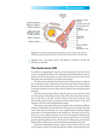 The cranial nerves            375




Fig. 262◊The superior orbital ﬁssure and tendinous ring of origin of the extrinsic
orbital muscles, showing the relations of the cranial nerves as they enter the orbit.


diplopia and a convergent squint. The patient is unable to deviate the
affected eye laterally.


The facial nerve (VII)
In addition to supplying the muscles of facial expression, the facial nerve
conveys secretomotor ﬁbres to the sublingual and submandibular salivary
glands and the lacrimal gland as well as the nasal mucosa; it also carries
taste ﬁbres from the anterior two-thirds of the tongue.
    The ﬁbres innervating the facial muscles have their nucleus of origin in
the ventral part of the caudal pons; the secretomotor ﬁbres for the salivary
glands are derived from the superior salivary nucleus. The sensory ﬁbres
associated with the nerve have their cells of origin in the facial (geniculate)
ganglion.
    From the motor nucleus, ﬁbres of the facial nerve run a devious course
over the nucleus of the abducent nerve (Fig. 243), where they form an eleva-
tion on the ﬂoor of the 4th ventricle known as the facial colliculus, then
downwards and forwards to emerge from the lateral aspect of the pons
together with VIII in the cerebellopontine angle.
    The sensory and motor ﬁbres pass together into the internal auditory
meatus, at the bottom of which they leave the 8th nerve and enter the facial
canal. Here they run laterally over the vestibule before bending sharply
backwards over the promontory of the middle ear. This bend, or genu of the
facial nerve, as it is called, marks the site of the facial ganglion and the point
at which the secretomotor ﬁbres for the lacrimal gland leave to form the
greater superﬁcial petrosal nerve. The facial nerve then passes downwards,
medial to the middle ear, to reach the stylomastoid foramen (Fig. 263).
    Just before entering this foramen it gives off the branch, known as the
chorda tympani, which runs back through the middle ear between the incus
 
