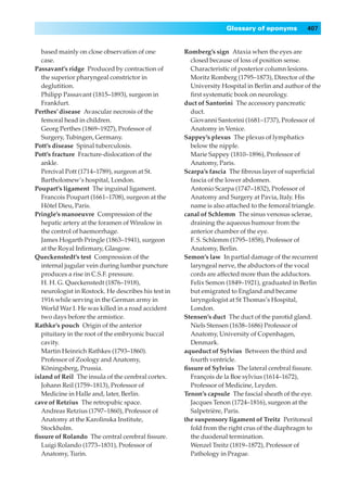 Glossary of eponyms          407


   based mainly on close observation of one           Romberg’s sign◊Ataxia when the eyes are
   case.                                                closed because of loss of position sense.
Passavant’s ridge◊Produced by contraction of            Characteristic of posterior column lesions.
   the superior pharyngeal constrictor in               Moritz Romberg (1795–1873), Director of the
   deglutition.                                         University Hospital in Berlin and author of the
   Philipp Passavant (1815–1893), surgeon in            ﬁrst systematic book on neurology.
   Frankfurt.                                         duct of Santorini◊The accessory pancreatic
Perthes’ disease◊Avascular necrosis of the              duct.
   femoral head in children.                            Giovanni Santorini (1681–1737), Professor of
   Georg Perthes (1869–1927), Professor of              Anatomy in Venice.
   Surgery, Tubingen, Germany.                        Sappey’s plexus◊The plexus of lymphatics
Pott’s disease◊Spinal tuberculosis.                     below the nipple.
Pott’s fracture◊Fracture-dislocation of the             Marie Sappey (1810–1896), Professor of
   ankle.                                               Anatomy, Paris.
   Percival Pott (1714–1789), surgeon at St.          Scarpa’s fascia◊The ﬁbrous layer of superﬁcial
   Bartholomew’s hospital, London.                      fascia of the lower abdomen.
Poupart’s ligament◊The inguinal ligament.               Antonio Scarpa (1747–1832), Professor of
   Francois Poupart (1661–1708), surgeon at the         Anatomy and Surgery at Pavia, Italy. His
   Hôtel Dieu, Paris.                                   name is also attached to the femoral triangle.
Pringle’s manoeuvre◊Compression of the                canal of Schlemm◊The sinus venosus sclerae,
   hepatic artery at the foramen of Winslow in          draining the aqueous humour from the
   the control of haemorrhage.                          anterior chamber of the eye.
   James Hogarth Pringle (1863–1941), surgeon           F. S. Schlemm (1795–1858), Professor of
   at the Royal Inﬁrmary, Glasgow.                      Anatomy, Berlin.
Queckenstedt’s test◊Compression of the                Semon’s law◊In partial damage of the recurrent
   internal jugular vein during lumbar puncture         laryngeal nerve, the abductors of the vocal
   produces a rise in C.S.F. pressure.                  cords are affected more than the adductors.
   H. H. G. Queckenstedt (1876–1918),                   Felix Semon (1849–1921), graduated in Berlin
   neurologist in Rostock. He describes his test in     but emigrated to England and became
   1916 while serving in the German army in             laryngologist at St Thomas’s Hospital,
   World War I. He was killed in a road accident        London.
   two days before the armistice.                     Stensen’s duct◊The duct of the parotid gland.
Rathke’s pouch◊Origin of the anterior                   Niels Stensen (1638–1686) Professor of
   pituitary in the root of the embryonic buccal        Anatomy, University of Copenhagen,
   cavity.                                              Denmark.
   Martin Heinrich Rathkes (1793–1860).               aqueduct of Sylvius◊Between the third and
   Professor of Zoology and Anatomy,                    fourth ventricle.
   Köningsberg, Prussia.                              ﬁssure of Sylvius◊The lateral cerebral ﬁssure.
island of Reil◊The insula of the cerebral cortex.       François de la Boe sylvius (1614–1672),
   Johann Reil (1759–1813), Professor of                Professor of Medicine, Leyden.
   Medicine in Halle and, later, Berlin.              Tenon’s capsule◊The fascial sheath of the eye.
cave of Retzius◊The retropubic space.                   Jacques Tenon (1724–1816), surgeon at the
   Andreas Retzius (1797–1860), Professor of            Salpetrière, Paris.
   Anatomy at the Karolinska Institute,               the suspensory ligament of Treitz◊Peritoneal
   Stockholm.                                           fold from the right crus of the diaphragm to
ﬁssure of Rolando◊The central cerebral ﬁssure.          the duodenal termination.
   Luigi Rolando (1773–1831), Professor of              Wenzel Treitz (1819–1872), Professor of
   Anatomy, Turin.                                      Pathology in Prague.
 