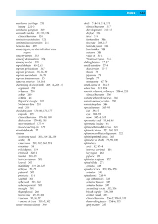 Index   433


semilunar cartilage 231                   skull 314–18, 314, 315
  injury 232–3                               clinical features 317
semilunar ganglion 369                       development 316–17
seminal vesicles 82, 113, 124                diploë 316
  clinical features 124                      fetal 316
seminiferous tubules 121                     fontanelles 316
semitendinosus tendon 211                    fracture 303, 317
Semon’s law 289                              lambda point 316
sense organs, see also individual sense      landmarks 314
        organs                               sutures 314
sensory cortex 353                           vault of 314
sensory decussation 354                      Wormian bones 316
sensory nuclei 370                        sliding hernia 17, 17
septal defects 40–2, 41                   small intestine 77–8
septum pellucidum 347                        duodenum 75–7
septum primum 35, 36, 39                     ileum 78
septum secundum 36, 39                       jejunum 78
septum transversum 15                        length 77
serratus anterior 18, 164                    mesentery 67, 78
shortening of lower limb 208–11, 208–10   smell, sense of 364–5
  apparent 208                            soleal line 223, 224
  at femur 210                            somatic afferent pathways 354–6, 355
  at hip 210                                 clinical features 356
  at tibia 211                            somatic efferent nucleus 366
  Bryant’s triangle 210                   somato-sensory cortex 350
  Nelaton’s line 210                      somatotrophin 346
  real 209                                special senses 383–93
shoulder joint 176–80, 176, 177              ear 384–7
  capsule 175                                eye 388–93
  clinical features 179–80, 180              nose 383–4, 383
  dislocation 179–80, 180                 spermatic cord 59, 64, 64
  movements of 177–9                      spermatic fasciae 64
  muscles acting on 179                   sphenoethmoidal recess 321
sinuatrial node 32                        sphenoid sinus 321, 368, 383
sinuses                                   sphenomandibular ligament 322
  accessory nasal 303, 318–21, 318        sphenoparietal sinus 303
  aortic 32                               sphincter of Oddi 75, 98, 100
  cavernous 301, 302, 368, 374            sphincters
  coronary 34                                anal 82, 83–4
  epididymis 119                             internal urethral 114
  ethmoid 320–1                              laryngeal 282
  frontal 318–19                             pyloric 70
  intercavernous 301                      sphincter vaginae 132
  lateral 303                             spina biﬁda 271
  maxillary 319–20, 320                      occulta 328
  oblique 29, 29                          spinal arteries 300, 336, 358
  petrosal 303                               anterior 340
  prostatic 114                           spinal cord 333–9
  sagittal 301                               age differences 333
  sphenoid 321, 368                          anterior ﬁssure 333
  sphenoparietal 303                         anterior horns 333
  straight 301                               ascending tracts 335, 336
  thyroglossal 266                           blood supply 336, 358
  transverse 29, 29, 301                     central canal 333
  venosus 35, 36, 37                         clinical features 336–7, 338–9, 339
  venous, of dura 301–3, 302                 descending tracts 334–6, 335
sinus venosus sclerae 390                    grey matter 333
 