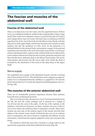 58    The abdomen and pelvis




The fasciae and muscles of the
abdominal wall

Fasciae of the abdominal wall
There is no deep fascia over the trunk, only the superﬁcial fascia. (If there
were, we would presumably be unable to take a deep breath or enjoy a large
meal!) This, in the lower abdomen, forms a superﬁcial fatty layer (of Camper)
and a deeper ﬁbrous layer (of Scarpa). The fatty layer is continuous with the
superﬁcial fat of the rest of the body, but the ﬁbrous layer blends with the
deep fascia of the upper thigh, extends into the penis and scrotum (or labia
majora), and into the perineum as Colles’ fascia. In the perineum it is
attached behind to the perineal body and posterior margin of the perineal
membrane and, laterally, to the rami of the pubis and ischium. It is because
of these attachments that a rupture of the urethral bulb may be followed by
extravasation of blood and urine into the scrotum, perineum and penis and
then into the lower abdomen deep to the ﬁbrous fascial plane, but not by
extravasation downwards into the lower limb, from which the ﬂuid is
excluded by the attachment of the fascia to the deep fascia of the upper
thigh.


Nerve supply
The segmental nerve supply of the abdominal muscles and the overlying
skin is derived from T7 to L1. This distribution can be mapped out approxi-
mately if it is remembered that the umbilicus is supplied by T10 and the
groin and scrotum by L1 (via the ilio-inguinal and iliohypogastric nerves—
see Fig. 140).


The muscles of the anterior abdominal wall
These are of considerable practical importance because their anatomy
forms the basis of abdominal incisions.
    The rectus abdominis (Fig. 43) arises on a 3 in (7.5 cm) horizontal line from
the 5th, 6th and 7th costal cartilages and is inserted for a length of
1 in (2.5 cm) into the crest of the pubis. At the tip of the xiphoid, at the
umbilicus and half-way between, are three constant transverse tendinous
intersections; below the umbilicus there is sometimes a fourth. These inter-
sections are seen only on the anterior aspect of the muscle and here they
adhere to the anterior rectus sheath. Posteriorly they are not in evidence
and, in consequence, the rectus muscle is completely free behind. At each
intersection, vessels from the superior epigastric artery and vein pierce the
rectus.
    The sheath in which the rectus lies is formed, to a large extent, by the
aponeurotic expansions of the lateral abdominal muscles (Fig. 44).
 