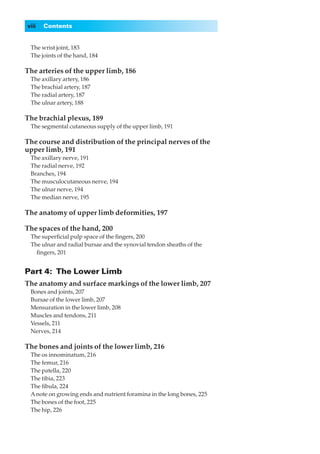 viii   Contents


◊◊The wrist joint, 183
◊◊The joints of the hand, 184

The arteries of the upper limb, 186
◊◊The axillary artery, 186
◊◊The brachial artery, 187
◊◊The radial artery, 187
◊◊The ulnar artery, 188

The brachial plexus, 189
◊◊The segmental cutaneous supply of the upper limb, 191

The course and distribution of the principal nerves of the
upper limb, 191
◊◊The axillary nerve, 191
◊◊The radial nerve, 192
◊◊Branches, 194
◊◊The musculocutaneous nerve, 194
◊◊The ulnar nerve, 194
◊◊The median nerve, 195

The anatomy of upper limb deformities, 197

The spaces of the hand, 200
◊◊The superﬁcial pulp space of the ﬁngers, 200
◊◊The ulnar and radial bursae and the synovial tendon sheaths of the
    ﬁngers, 201


Part 4:◊The Lower Limb
The anatomy and surface markings of the lower limb, 207
◊◊Bones and joints, 207
◊◊Bursae of the lower limb, 207
◊◊Mensuration in the lower limb, 208
◊◊Muscles and tendons, 211
◊◊Vessels, 211
◊◊Nerves, 214

The bones and joints of the lower limb, 216
◊◊The os innominatum, 216
◊◊The femur, 216
◊◊The patella, 220
◊◊The tibia, 223
◊◊The ﬁbula, 224
◊◊A note on growing ends and nutrient foramina in the long bones, 225
◊◊The bones of the foot, 225
◊◊The hip, 226
 