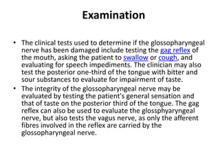 Examination
• The clinical tests used to determine if the glossopharyngeal
nerve has been damaged include testing the gag reflex of
the mouth, asking the patient to swallow or cough, and
evaluating for speech impediments. The clinician may also
test the posterior one-third of the tongue with bitter and
sour substances to evaluate for impairment of taste.
• The integrity of the glossopharyngeal nerve may be
evaluated by testing the patient's general sensation and
that of taste on the posterior third of the tongue. The gag
reflex can also be used to evaluate the glossphyaryngeal
nerve, but also tests the vagus nerve, as only the afferent
fibres involved in the reflex are carried by the
glossopharyngeal nerve.
 