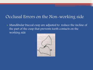 Occlusal Errors on the Non-working side
• Mandibular buccal cusp are adjusted to reduce the incline of
the part of the cusp that prevents tooth contacts on the
working side
 