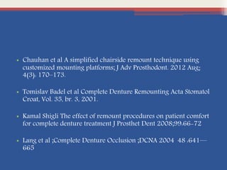 • Chauhan et al A simplified chairside remount technique using
customized mounting platforms; J Adv Prosthodont. 2012 Aug;
4(3): 170–173.
• Tomislav Badel et al Complete Denture Remounting Acta Stomatol
Croat, Vol. 35, br. 3, 2001.
• Kamal Shigli The effect of remount procedures on patient comfort
for complete denture treatment J Prosthet Dent 2008;99:66-72
• Lang et al ;Complete Denture Occlusion ;DCNA 2004 48 :641—
665
 