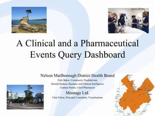 Nic k Baker

1

A Clinical and a Pharmaceutical
Events Query Dashboard
Nelson Marlborough District Health Board
Nick Baker, Community Paediatrician
Donald Hudson, Business and Clinical Intelligence
Graham Parton, Chief Pharmacist

Montage Ltd.
Chip Felton, Principal Consultant, Visualisations

 