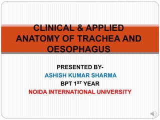 PRESENTED BY-
ASHISH KUMAR SHARMA
BPT 1ST YEAR
NOIDA INTERNATIONAL UNIVERSITY
CLINICAL & APPLIED
ANATOMY OF TRACHEA AND
OESOPHAGUS
 