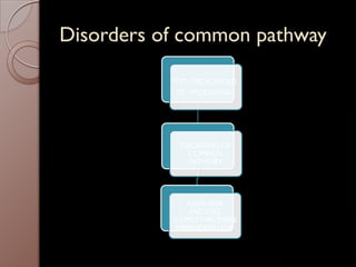 Disorders of common pathway
PTT : PROLONGED
PT : PROLONGED
DISORDERS OF
COMMON
PATHWAY
ASSAY FOR
FACTORS
X,V,PROTHROMBIN,
FIBRINOGEN,FDP
 