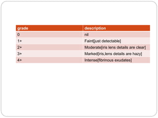 grade description
0 nil
1+ Faint[just detectable]
2+ Moderate[iris lens details are clear]
3+ Marked[iris,lens details are hazy]
4+ Intense[fibrinous exudates]
 