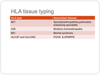 HLA tissue typing
HLA type Associated disease
B27 Spondyloarthropathies,particularly
ankylosing spondylitis
A29 Birdshot chorioretinopathy
B51 Bechet syndrome
HLA B7 and HLA DR2 POHS & APMPPE
 