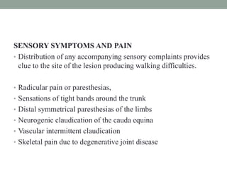 SENSORY SYMPTOMS AND PAIN
• Distribution of any accompanying sensory complaints provides
clue to the site of the lesion producing walking difficulties.
• Radicular pain or paresthesias,
• Sensations of tight bands around the trunk
• Distal symmetrical paresthesias of the limbs
• Neurogenic claudication of the cauda equina
• Vascular intermittent claudication
• Skeletal pain due to degenerative joint disease
 