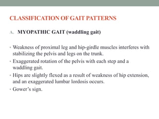 CLASSIFICATION OFGAIT PATTERNS
A. MYOPATHIC GAIT (waddling gait)
• Weakness of proximal leg and hip-girdle muscles interferes with
stabilizing the pelvis and legs on the trunk.
• Exaggerated rotation of the pelvis with each step and a
waddling gait.
• Hips are slightly flexed as a result of weakness of hip extension,
and an exaggerated lumbar lordosis occurs.
• Gower’s sign.
 