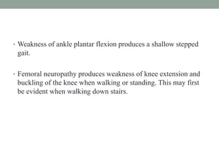 • Weakness of ankle plantar flexion produces a shallow stepped
gait.
• Femoral neuropathy produces weakness of knee extension and
buckling of the knee when walking or standing. This may first
be evident when walking down stairs.
 