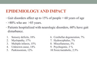 EPIDEMIOLOGYAND IMPACT
• Gait disorders affect up to 15% of people > 60 years of age
• >80% who are >85 years.
• Patients hospitalized with neurologic disorders, 60% have gait
disturbance.
1. Sensory deficits, 18%
2. Myelopathy, 17%
3. Multiple infarcts, 15%
4. Unknown cause, 14%
5. Parkinsonism, 12%
6. Cerebellar degeneration, 7%
7. Hydrocephalus, 7%
8. Miscellaneous, 5%
9. Psychogenic, 3 %
10.Toxic/metabolic, 2.5%
 