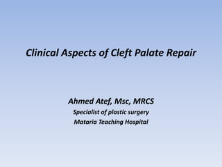Clinical Aspects of Cleft Palate Repair

Ahmed Atef, Msc, MRCS
Specialist of plastic surgery
Mataria Teaching Hospital

 