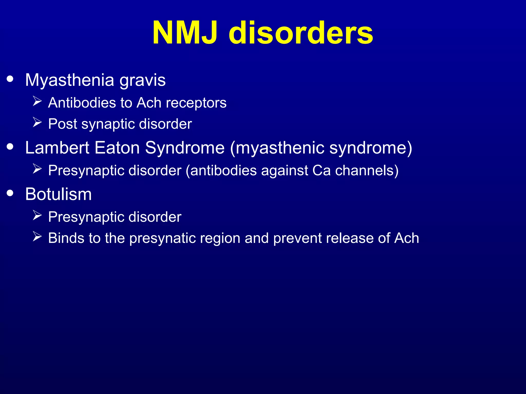 NMJ disorders 
• Myasthenia gravis 
 Antibodies to Ach receptors 
 Post synaptic disorder 
• Lambert Eaton Syndrome (myasthenic syndrome) 
 Presynaptic disorder (antibodies against Ca channels) 
• Botulism 
 Presynaptic disorder 
 Binds to the presynatic region and prevent release of Ach 
 