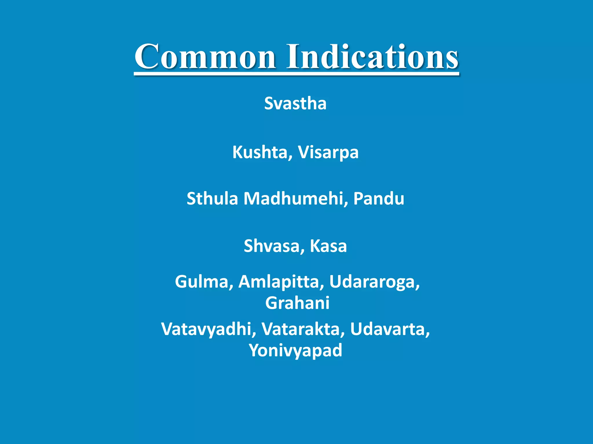 Svastha
Kushta, Visarpa
Sthula Madhumehi, Pandu
Shvasa, Kasa
Gulma, Amlapitta, Udararoga,
Grahani
Vatavyadhi, Vatarakta, Udavarta,
Yonivyapad
Common Indications
 