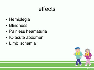 effects
• Hemiplegia
• Blindness
• Painless heamaturia
• IO acute abdomen
• Limb ischemia
 
