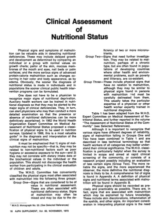 Clinical Assessment
of
Nutritional Status
Physical signs and symptoms of malnutri-
tion can be valuable aids in detecting nutritional
deficiencies. These may include delayed growth
and development as determined by comparing an
individual or a group with normal values on
growth charts; pallor of the skin, mucous mem-
branes of the mouth and eyes, nail beds or palm
surfaces; and the more serious signs of advanced
protein-calorie malnutrition such as changes oc-
curring in hair color and body appearance, as by
edema. Obviously, the sooner the diagnosis of
nutritional status is made in individuals and in
populations the sooner clinical public health inter-
vention programs can be formulated.
One does not have to be a physician to
recognize major signs of nutritional deprivation.
Auxiliary health workers can be trained in nutri-
tional diagnosis so that they may be alerted to the
major signs of clinical deficiencies. They, in turn,
can alert physicians who may then conduct a more
detailed examination so that the presence or
absence of nutritional deficiencies can be more
definitively ascertained. In 1962 the World Health
Organization Expert Committee on Medical As-
sessment of Nutritional Status proposed a classi-
fication of physical signs to be used in nutrition
surveys. Updated in 1966, this is a most valuable
guide* in the diagnosis and interpretation of the
clinical signs of malnutrition.
It must be emphasized that 1) signs of mal-
nutrition may not be specific-that is, they may be
related to non-nutritional factors such as poor
hygiene or excessive exposure to the sun-and 2)
they may not correlate with dietary intake data or
the biochemical values in the individual or the
population. This should not discourage the health
worker from participating in the clinical evaluation
of children and adults.
The W.H.O. Committee has conveniently
classified the physical signs most often associated
with malnutrition into the following three groups:
Group One Signs that are considered to be of
value in nutritional assessment.
These are often associated with
nutritional deficiency status. Signs
of malnutrition may often be
mixed and may be due to the de-
* W.H.O. Monograph No. 53. (See Se/ected Reterences)
ficiency of two or more micronu-
trients.
Group Two-Signs that need further investiga-
tion. They may be related to mal-
nutrition, perhaps of a chronic
type, but are often found in popu-
lations of developing countries
where other health and environ-
mental problems, such as poverty
and illiteracy, are co-existent.
Group Three-These include physical signs that
have no relation to malnutrition,
although they may be similar to
physical signs found in persons
with malnutrition ^'nd must be
carefully delineated from them.
This usually takes the particular
expertise of a physician or other
health worker expertly trained in
nutritional diagnosis.
Table 1 has been adapted from the W.H.O.
Expert Committee on Medical Assessment of Nu-
tritional Status, and further reported in the volume
"The Assessment of Nutritional Status of the Com-
munity" (see Selected References).
Although it is important to recognize that
various signs have different degrees of reliability,
signs of malnutrition falling in Groups One and
Two have been combined' in Table 1 and are
described in less technical terminology so that
health workers of all categories may better under-
stand their clinical significance. The W.H.O. classi-
fication is particularly helpful when the survey is
limited in scope and aimed at rapid clinical
screening of the community, or consists of a
research project possibly including an evaluation
of less certain signs (Group Two). The more re-
liable the signs, and the more experienced the
observer, the more definitive the nutritional diag-
nosis is likely to be. A comprehensive list of signs
is found in Appendix A. A definition of physical
signs and nutritional terms associated with malnu-
trition will be found in Appendix B.
Physical signs should be recorded as pre-
cisely and practicably as possible. There are, in
fact, signs that are associated with malnutrition
which may be explained by future knowledge.
These include skin discolorations, inflammation of
the eyelids, and other signs. An important consid-
eration in interpreting physical signs is the need
18 AJPH SUPPLEMENT, Vol. 63, NOVEMBER, 1973
 