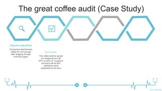 Ali Mahdi
The great coffee audit (Case Study)
Objective Identified
The doctors feel that their
coffee isn’t hot enough
after slogging through
morning surgery
Standards
The coffee shall be served
at a temperature of 85
90°C on 80% of occasions
and there will be 90%
satisfaction level
expressed by the docs
 