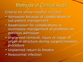 Methods of Clinical Audit
Criteria for whole hospital includes:
Admission because of complications of
out-patient manageme...