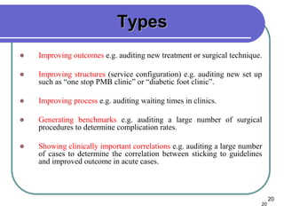 20
20
Types
 Improving outcomes e.g. auditing new treatment or surgical technique.
 Improving structures (service configuration) e.g. auditing new set up
such as “one stop PMB clinic” or “diabetic foot clinic”.
 Improving process e.g. auditing waiting times in clinics.
 Generating benchmarks e.g. auditing a large number of surgical
procedures to determine complication rates.
 Showing clinically important correlations e.g. auditing a large number
of cases to determine the correlation between sticking to guidelines
and improved outcome in acute cases.
 