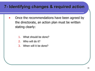 45
7- Identifying changes & required action
• Once the recommendations have been agreed by
the directorate, an action plan must be written
stating clearly:
1. What should be done?
2. Who will do it?
3. When will it be done?
 