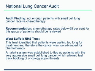 National Lung Cancer Audit 
Audit Finding: not enough patients with small cell lung 
cancer receive chemotherapy 
Recommendation: chemotherapy rates below 65 per cent for 
this group of patients should be reviewed 
West Suffolk NHS Trust 
This trust identified that patients were waiting too long for 
treatment and therefore the cancer was too advanced for 
chemotherapy 
An alert system was established to flag up patients with the 
very aggressive small cell lung cancer, which allowed fast 
track booking of oncology appointments 
 
