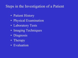 Steps in the Investigation of a Patient
• Patient History
• Physical Examination
• Laboratory Tests
• Imaging Techniques
• Diagnosis
• Therapy
• Evaluation
 