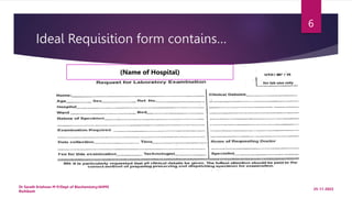 Ideal Requisition form contains…
25-11-2022
Dr Sarath Krishnan M P/Dept of Biochemistry/AIIMS
Rishikesh
6
(Name of Hospital)
 