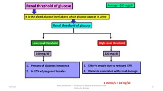 Renal threshold of glucose
It is the blood glucose level above which glucose appear in urine
Average =180 mg/dl
1 mmol/L = 18 mg/dl
1. Persons of diabetes innocence
2. In 20% of pregnant females
1. Elderly people due to reduced GFR
2. Diabetes associated with renal damage
8/15/23 33
Aaser Abdelazim ---- Professor of Medical Biochemistry and
Molecular Biology
Renal threshold of glucose
Low renal threshold High renal threshold
100 mg/dl 220 mg/dl
 