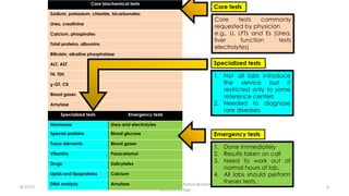 8/15/23
Aaser Abdelazim ---- Professor of Medical Biochemistry and
Molecular Biology
4
Core tests commonly
requested by physician
e.g., U, LFTs and Es (Urea,
liver function tests
electrolytes)
Core tests
1. Not all labs introduce
the service but it
restricted only to some
reference centers
2. Needed to diagnose
rare diseases
Specialized tests
1. Done immediately
2. Results taken on call
3. Need to work out of
normal hours of lab.
4. All labs should perform
theses tests.
Emergency tests
Core biochemical tests
Sodium, potassium, chloride, bicarbonates
Urea, creatinine
Calcium, phosphates
Total proteins, albumins
Bilirubin, alkaline phosphatase
ALT, AST
T4, TSH
ɣ-GT, CK
Blood gases
Amylase
Specialized tests Emergency tests
Hormones Urea and electrolytes
Special proteins Blood glucose
Trace elements Blood gases
Vitamins Paracetamol
Drugs Salicylates
Lipids and lipoproteins Calcium
DNA analysis Amylase
 