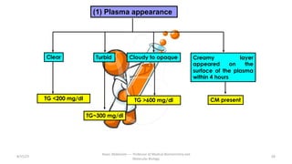 (1) Plasma appearance
8/15/23 58
Aaser Abdelazim ---- Professor of Medical Biochemistry and
Molecular Biology
Clear Turbid Cloudy to opaque Creamy layer
appeared on the
surface of the plasma
within 4 hours
TG <200 mg/dl
TG~300 mg/dl
TG >600 mg/dl CM present
 