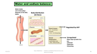 8/15/23
Aaser Abdelazim ---- Professor of Medical Biochemistry and
Molecular Biology
86
Water and sodium balance:
Unregulated
Other ways of water loss
are:
qFistulae
qDiarrhea
qVomiting
Regulated by AVP
Water intake
(0.5-5 liters/day)
Depends on the daily
habits
Body distribution
(42 liters)
 