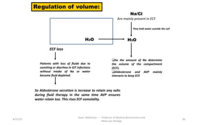 8/15/23
Aaser Abdelazim ---- Professor of Medical Biochemistry and
Molecular Biology
90
Regulation of volume:
H2O
Na/Cl
Are mainly present in ECF
They held water outside the cell
qSo the amount of Na determine
the volume of the compartment
(ECF).
qAldosterone and AVP mainly
interacts to keep ECF.
H2O
Patients with loss of fluids due to
vomiting or diarrhea in GIT infections
without intake of Na or water
become fluid depleted.
So Aldosterone secretion is increase to retain any salts
during fluid therapy in the same time AVP ensures
water retain too. This rises ECF osmolality.
ECF loss
 